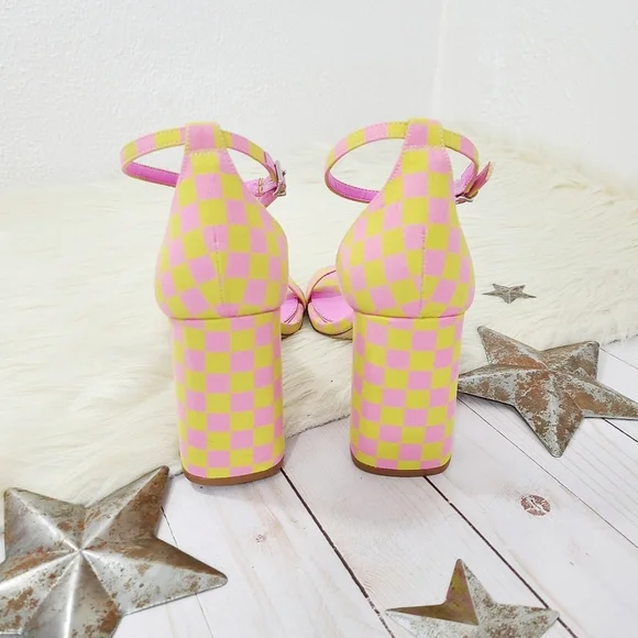 Gianni Bini Maileigh Checkered Satin Ankle Strap Block Heels green pink size 8.5 - Picture 4 of 7